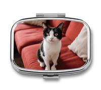 Pill Box 2 Compartment Cat on The Sofa Travel Pill Case with Mirror Waterproof Medicine Pills Organizer 2 Times A Day Portable Med Container for Purse & Pocket Rectangle Silver