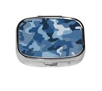 Pill Box 2 Compartment Classic Blue Camo Print Tablet Box with Mirror Small Pill Organiser for Purse or Pocket Vitamin Organiser