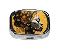 Pill Box 2 Compartment Classical African Women Tablet Box with Mirror Small Pill Organiser for Purse or Pocket Vitamin Organiser
