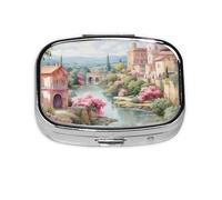Pill Box 2 Compartment Classical Architecture Tablet Box with Mirror Small Pill Organiser for Purse or Pocket Vitamin Organiser