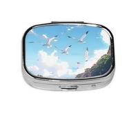 Pill Box 2 Compartment Coastal Sea Mew Tablet Box with Mirror Small Pill Organiser for Purse or Pocket Vitamin Organiser