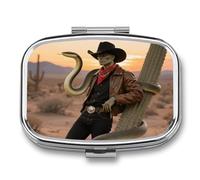 Pill Box 2 Compartment Cowboy Snake Travel Pill Case with Mirror Waterproof Medicine Pills Organizer 2 Times A Day Portable Med Container for Purse & Pocket Rectangle Silver
