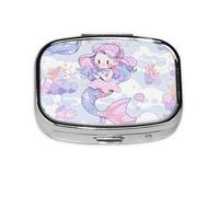 Pill Box 2 Compartment Cute Cartoon Mermaid Tablet Box with Mirror Small Pill Organiser for Purse or Pocket Vitamin Organiser