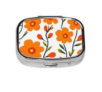 Pill Box 2 Compartment Cute Orange Flower Print Tablet Box with Mirror Small Pill Organiser for Purse or Pocket Vitamin Organiser