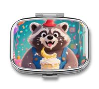 Pill Box 2 Compartment Cute Raccoon Travel Pill Case with Mirror Waterproof Medicine Pills Organizer 2 Times A Day Portable Med Container for Purse & Pocket Rectangle Silver