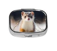 Pill Box 2 Compartment Cute Snow Ferret Tablet Box with Mirror Small Pill Organiser for Purse or Pocket Vitamin Organiser