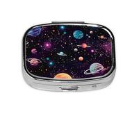 Pill Box 2 Compartment Cute Universe Space Planet Tablet Box with Mirror Small Pill Organiser for Purse or Pocket Vitamin Organiser