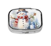 Pill Box 2 Compartment Cute Winter Snowman Tablet Box with Mirror Small Pill Organiser for Purse or Pocket Vitamin Organiser