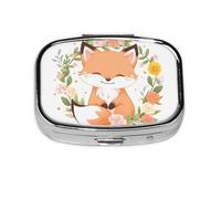 Pill Box 2 Compartment Cute Wreath Fox Tablet Box with Mirror Small Pill Organiser for Purse or Pocket Vitamin Organiser
