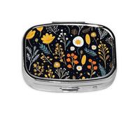 Pill Box 2 Compartment Floral Leaves Colorful Flower Tablet Box with Mirror Small Pill Organiser for Purse or Pocket Vitamin Organiser