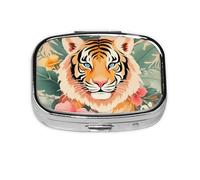 Pill Box 2 Compartment Flower Bush Tiger Tablet Box with Mirror Small Pill Organiser for Purse or Pocket Vitamin Organiser