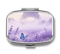 Pill Box 2 Compartment Flower Eiffel Tower Travel Pill Case with Mirror Waterproof Medicine Pills Organizer 2 Times A Day Portable Med Container for Purse & Pocket Rectangle Silver