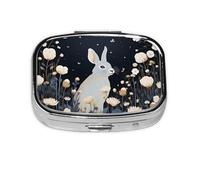 Pill Box 2 Compartment Flower Grey Rabbit Tablet Box with Mirror Small Pill Organiser for Purse or Pocket Vitamin Organiser