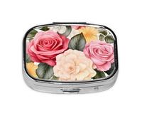 Pill Box 2 Compartment Flower Rose Floral Pattern Tablet Box with Mirror Small Pill Organiser for Purse or Pocket Vitamin Organiser