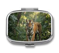 Pill Box 2 Compartment Forest Tiger Travel Pill Case with Mirror Waterproof Medicine Pills Organizer 2 Times A Day Portable Med Container for Purse & Pocket Rectangle Silver