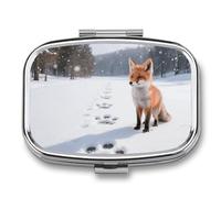 Pill Box 2 Compartment Fox Paw Print Travel Pill Case with Mirror Waterproof Medicine Pills Organizer 2 Times A Day Portable Med Container for Purse & Pocket Rectangle Silver