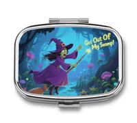Pill Box 2 Compartment Get Out of My Swamp Travel Pill Case with Mirror Waterproof Medicine Pills Organizer 2 Times A Day Portable Med Container for Purse & Pocket Rectangle Silver