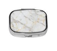 Pill Box 2 Compartment Gray Marble Gilded Print Tablet Box with Mirror Small Pill Organiser for Purse or Pocket Vitamin Organiser