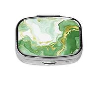 Pill Box 2 Compartment Green Marble Gilded Tablet Box with Mirror Small Pill Organiser for Purse or Pocket Vitamin Organiser