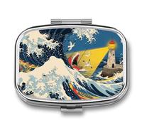 Pill Box 2 Compartment Japanese The Great Wave Off Kanagawa Travel Pill Case with Mirror Waterproof Medicine Pills Organizer 2 Times A Day Portable Med Container for Purse & Pocket Rectangle Silver