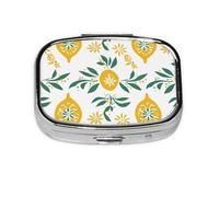 Pill Box 2 Compartment Lemon Totem Green Leaves Tablet Box with Mirror Small Pill Organiser for Purse or Pocket Vitamin Organiser
