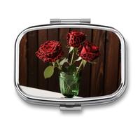Pill Box 2 Compartment Leopard Red Roses Travel Pill Case with Mirror Waterproof Medicine Pills Organizer 2 Times A Day Portable Med Container for Purse & Pocket Rectangle Silver