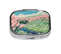 Pill Box 2 Compartment Little Stream Tulip Tablet Box with Mirror Small Pill Organiser for Purse or Pocket Vitamin Organiser