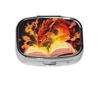 Pill Box 2 Compartment Magic Book Fire Dragon Tablet Box with Mirror Small Pill Organiser for Purse or Pocket Vitamin Organiser