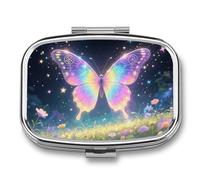 Pill Box 2 Compartment Magical Butterflies Print Travel Pill Case with Mirror Waterproof Medicine Pills Organizer 2 Times A Day Portable Med Container for Purse & Pocket Rectangle Silver