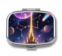 Pill Box 2 Compartment Magical Starry Travel Pill Case with Mirror Waterproof Medicine Pills Organizer 2 Times A Day Portable Med Container for Purse & Pocket Rectangle Silver