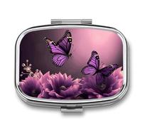 Pill Box 2 Compartment Medicine Pill Case 3D Flowers and Purple Butterfly Printed Portable Pill Box Travel Pill Organizer for Pocket Purse Daily Medicine Vitamin Box Fish Oil Box Supplement Box