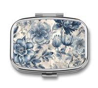 Pill Box 2 Compartment Medicine Pill Case Blue Flower Pattern Printed Portable Pill Box Travel Pill Organizer for Pocket Purse Daily Medicine Vitamin Box Fish Oil Box Supplement Box
