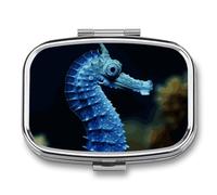 Pill Box 2 Compartment Medicine Pill Case Blue Seahorse Printed Portable Pill Box Travel Pill Organizer for Pocket Purse Daily Medicine Vitamin Box Fish Oil Box Supplement Box
