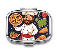 Pill Box 2 Compartment Medicine Pill Case Chef Pizza Printed Portable Pill Box Travel Pill Organizer for Pocket Purse Daily Medicine Vitamin Box Fish Oil Box Supplement Box