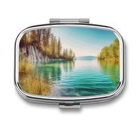 Pill Box 2 Compartment Medicine Pill Case Clean Water and Lake Landscape Printed Portable Pill Box Travel Pill Organizer for Pocket Purse Daily Medicine Vitamin Box Fish Oil Box Supplement Box