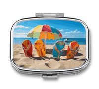 Pill Box 2 Compartment Medicine Pill Case Colorful Flip Flops Beach Ball Printed Portable Pill Box Travel Pill Organizer for Pocket Purse Daily Medicine Vitamin Box Fish Oil Box Supplement Box