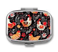 Pill Box 2 Compartment Medicine Pill Case Cute Rooster Chickens Printed Portable Pill Box Travel Pill Organizer for Pocket Purse Daily Medicine Vitamin Box Fish Oil Box Supplement Box