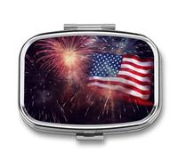 Pill Box 2 Compartment Medicine Pill Case Firework American Flag 4Th of July Printed Portable Pill Box Travel Pill Organizer for Pocket Purse Daily Medicine Vitamin Box Fish Oil Box Supplement Box