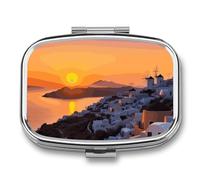 Pill Box 2 Compartment Medicine Pill Case Greece Island Sunset Landscape Printed Portable Pill Box Travel Pill Organizer for Pocket Purse Daily Medicine Vitamin Box Fish Oil Box Supplement Box