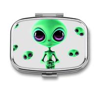 Pill Box 2 Compartment Medicine Pill Case Green Alien Printed Portable Pill Box Travel Pill Organizer for Pocket Purse Daily Medicine Vitamin Box Fish Oil Box Supplement Box