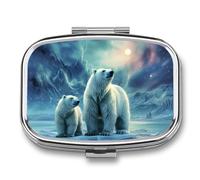 Pill Box 2 Compartment Medicine Pill Case Polar Bears Northern Lights_ Printed Portable Pill Box Travel Pill Organizer for Pocket Purse Daily Medicine Vitamin Box Fish Oil Box Supplement Box