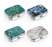 Pill Box 2 Compartment Medicine Pill Case,Portable Pill Box for Pocket or Purse Pill Box Decorative Metal Medicine Vitamin Organizer Unique Gift (4 Pieces, Set-4-van Gogh+Marble)