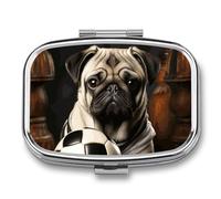 Pill Box 2 Compartment Medicine Pill Case Pug Dogs with Soccer Ball Football Printed Portable Pill Box Travel Pill Organizer for Pocket Purse Daily Medicine Vitamin Box Fish Oil Box Supplement Box