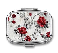 Pill Box 2 Compartment Medicine Pill Case Red Flower Rose Design Printed Portable Pill Box Travel Pill Organizer for Pocket Purse Daily Medicine Vitamin Box Fish Oil Box Supplement Box