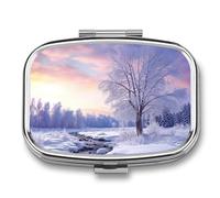 Pill Box 2 Compartment Medicine Pill Case Winter Landscape Printed Portable Pill Box Travel Pill Organizer for Pocket Purse Daily Medicine Vitamin Box Fish Oil Box Supplement Box