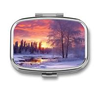 Pill Box 2 Compartment Medicine Pill Case Winter Landscape Printed Portable Pill Box Travel Pill Organizer for Pocket Purse Daily Medicine Vitamin Box Fish Oil Box Supplement Box