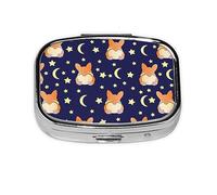 Pill Box 2 Compartment Medicine Pill Case with Mirror,Portable Pill Box for Pocket Or Purse Pill Box Decorative Unique Gift-Corgi Lying with Moons and Stars