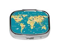 Pill Box 2 Compartment Medicine Pill Case with Mirror,Portable Pill Box for Pocket Or Purse Pill Box Decorative Unique Gift-World Map with Landmarks