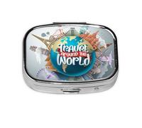 Pill Box 2 Compartment Medicine Pill Case with Mirror,Portable Pill Box for Pocket Or Purse Pill Box Decorative Unique Gift-Travel Around The World