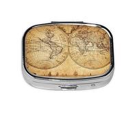 Pill Box 2 Compartment Medicine Pill Case with Mirror,Portable Pill Box for Pocket Or Purse Pill Box Decorative Unique Gift-Vintage Map of The World